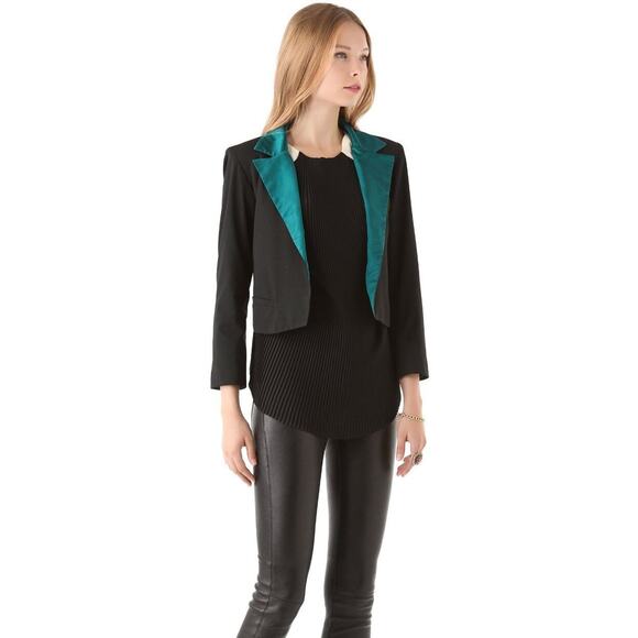 $396 Heidi Merrick Black Silk Teal Collar Shaun Tuxedo Jacket Blazer 8 NEW H271 - Picture 2 of 6